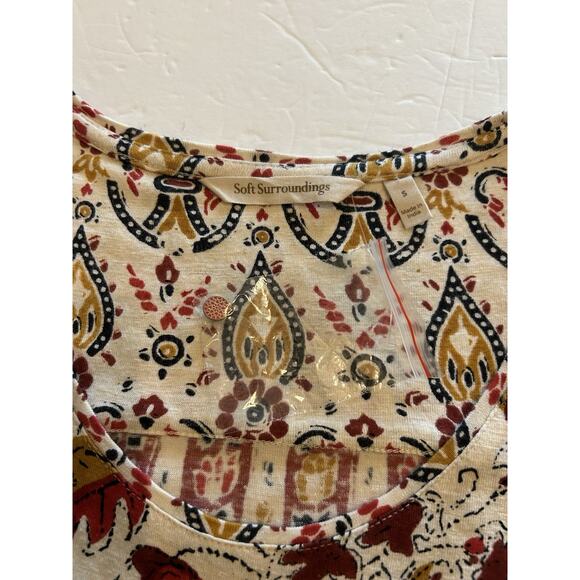 NWT Soft Surroundings Tunic Small Brown Fall Print Gold Button Side Knit Sleeves - Picture 7 of 14